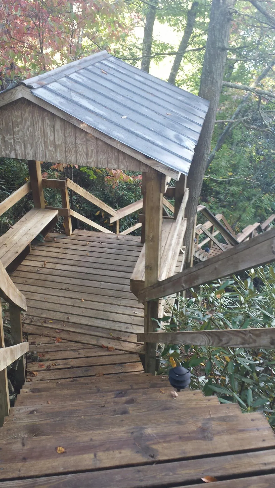 Metal roofed shelter over wooden steps on a wooded walkway — Skylight Repair & Installation work by our crew in Plevna